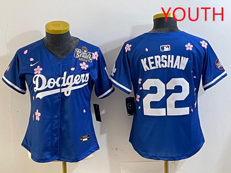 Youth Los Angeles Dodgers #22 Kershaw Blue White Blue Sakura Edition 2025 Nike MLB Jersey style 6